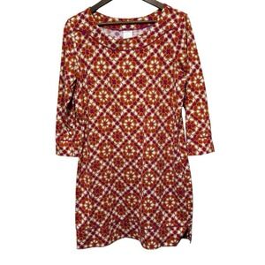 Lands End Swim Dress Womens L Orange Geometric 3/4 Sleeve Stretch Rashguard